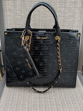 Betsey Johnson " XOKIARA" Black Croc Skull Embossed Tote Bag With Metal Studs